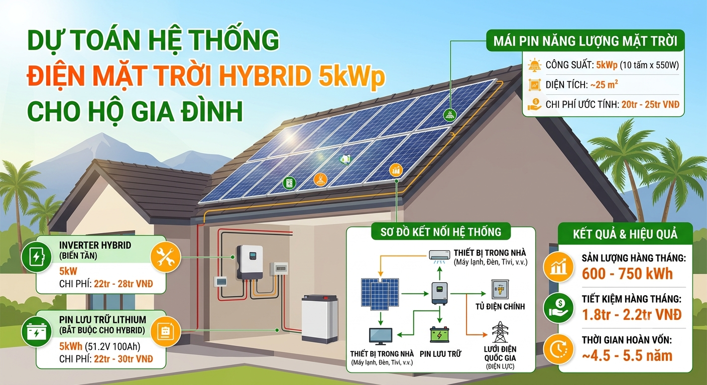 Tính toán công suất và dự toán chi phí lắp điện mặt trời phù hợp cho hộ gia đình dùng khoảng 2-3 triệu tiền điện/tháng.
